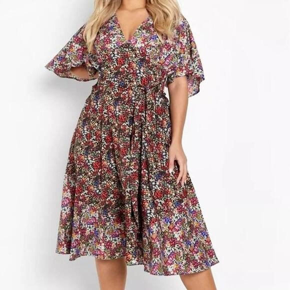 Boohoo | Mixed Floral Paneled Midi Dress Size 14 Wedding Guest Flutter Sleeve - Picture 1 of 14